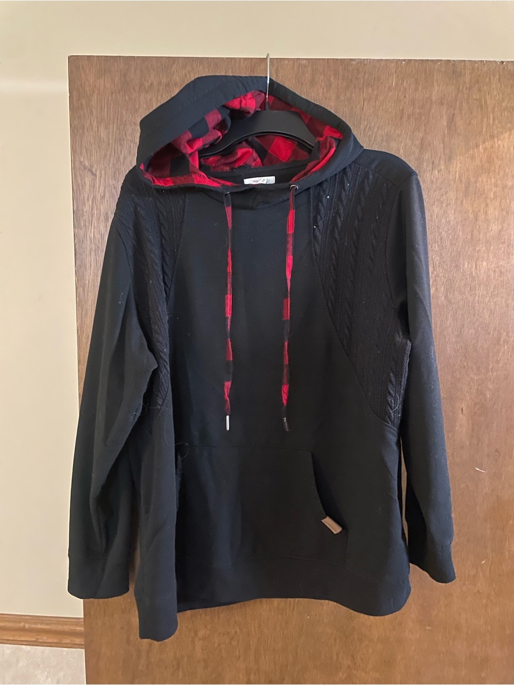 Maurices Black Crewneck Sweater Hoodie with Red Plaid Lining